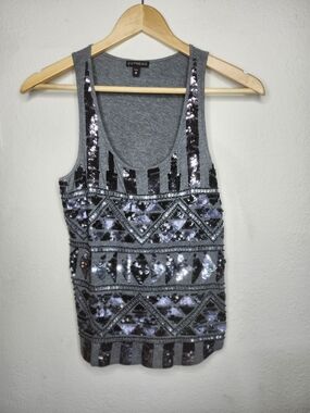 Express Gray Sequin Tank Top with Geometric Pattern